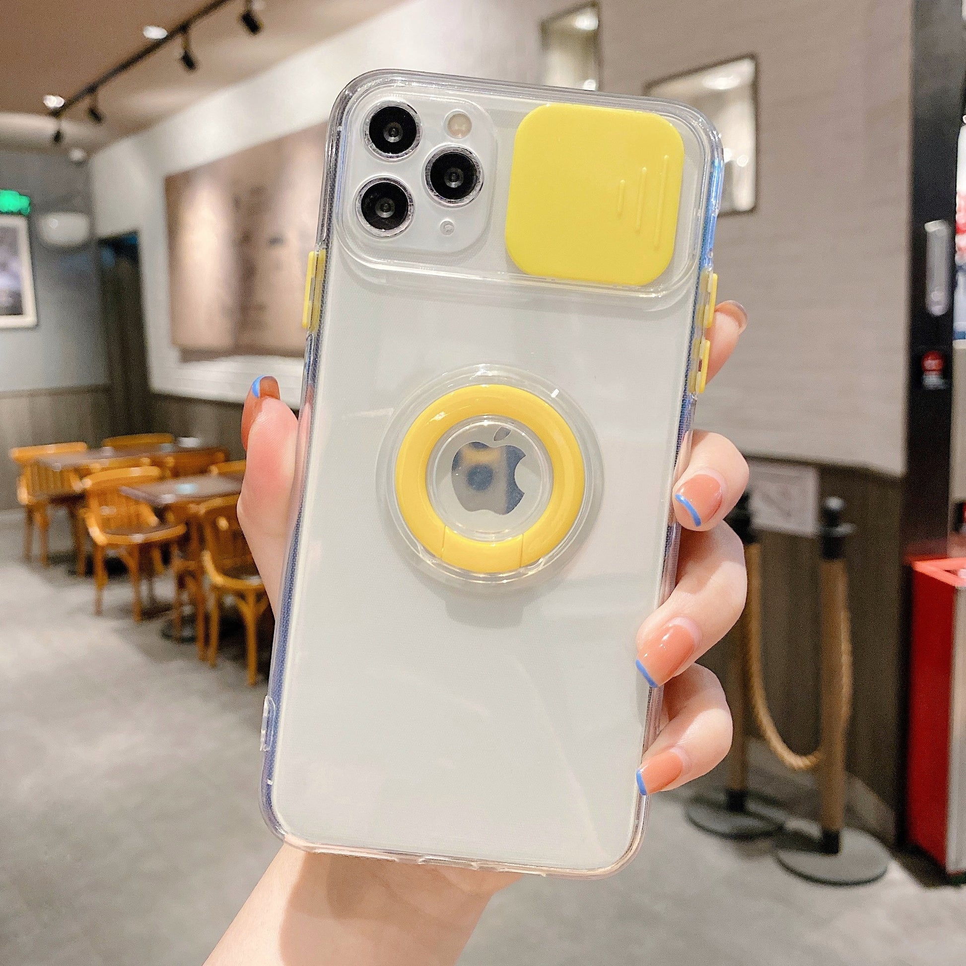 Modische iPhone Hülle mit Kameraabdeckung und Ringhalterung in gelb