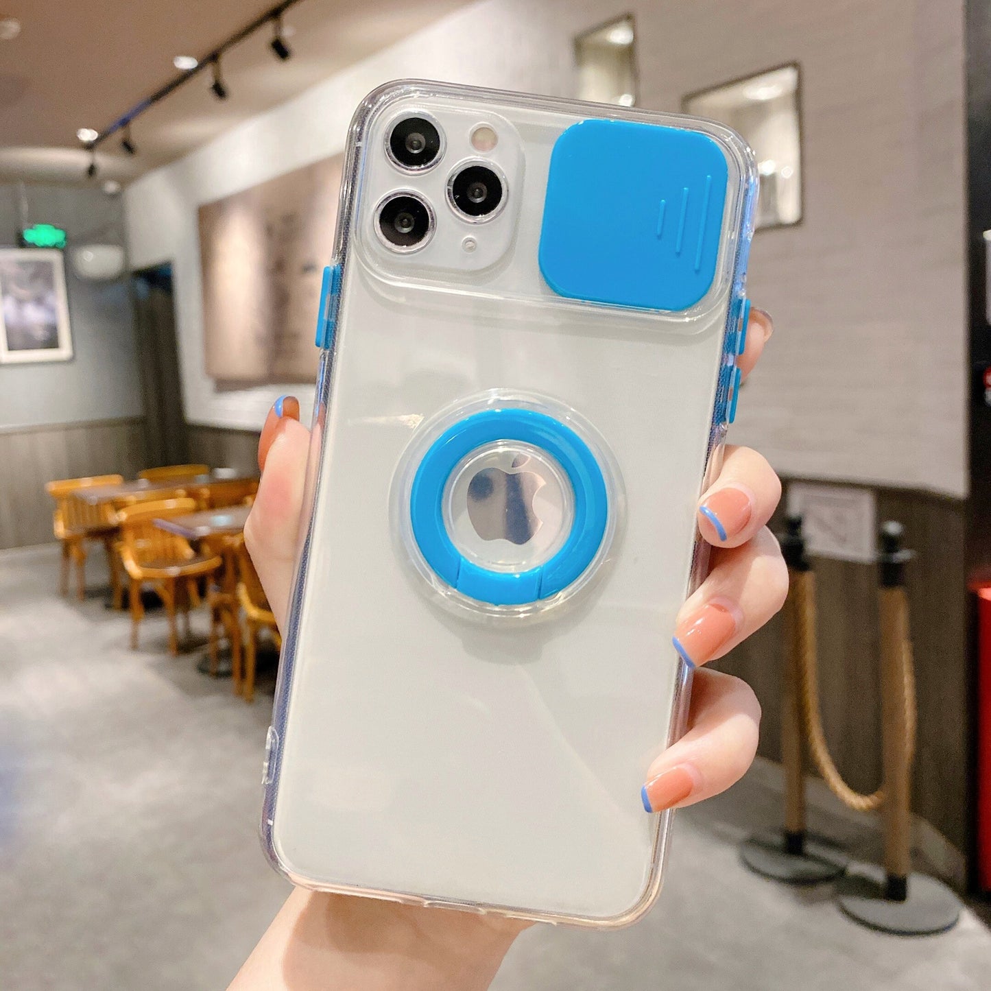 Modische iPhone Hülle mit Kameraabdeckung und Ringhalterung in blau