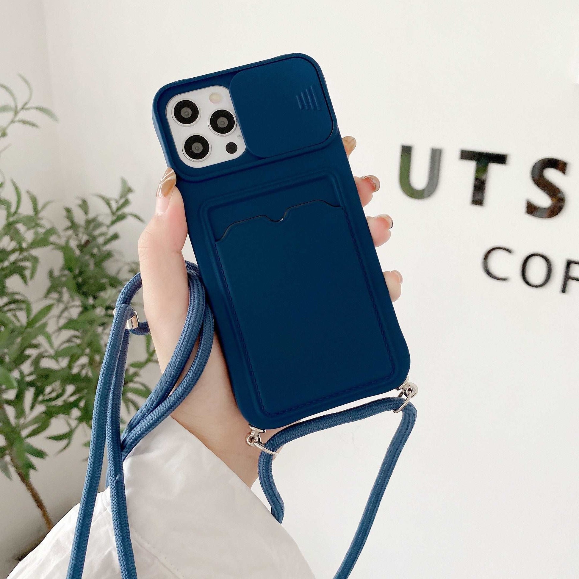 Crossbody iPhone Hülle mit Seil aus Silikon mit Kartenfach und Kameraschutz in Blau