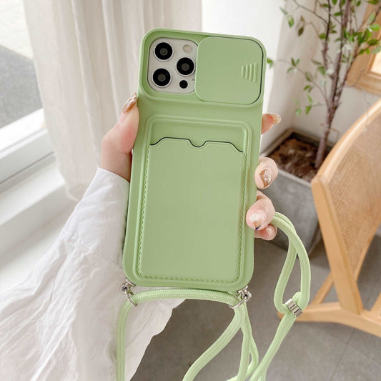 Crossbody iPhone Hülle mit Schnur aus Silikon mit Kartenfach und Kameraschutz in Grün