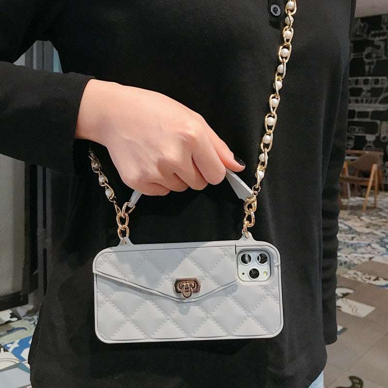 Crossbody iPhone Hülle mit abnehmbarer Kette mit Kartenfach im Handtaschendesign in grau