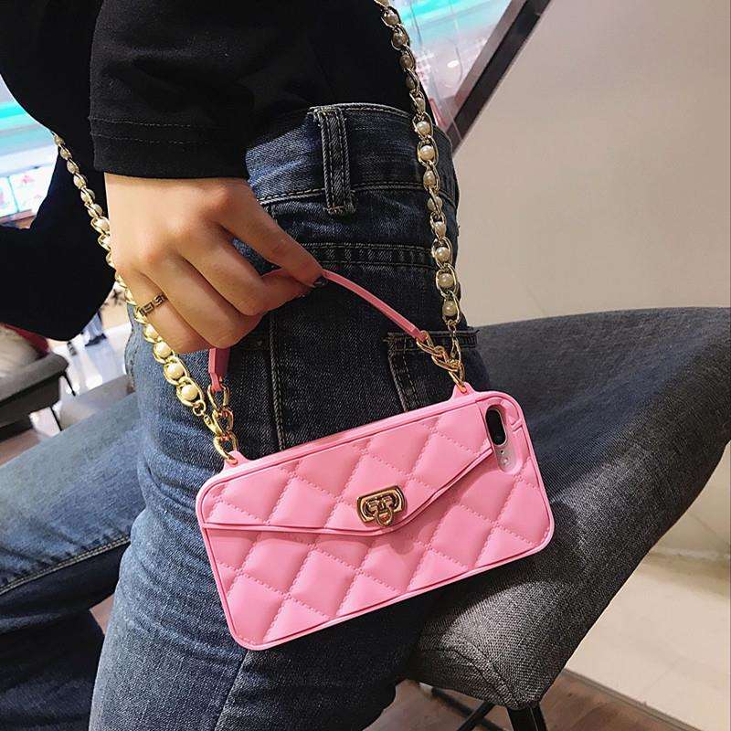 Crossbody iPhone Hülle mit abnehmbarer Kette mit Kartenfach im Handtaschendesign in pink