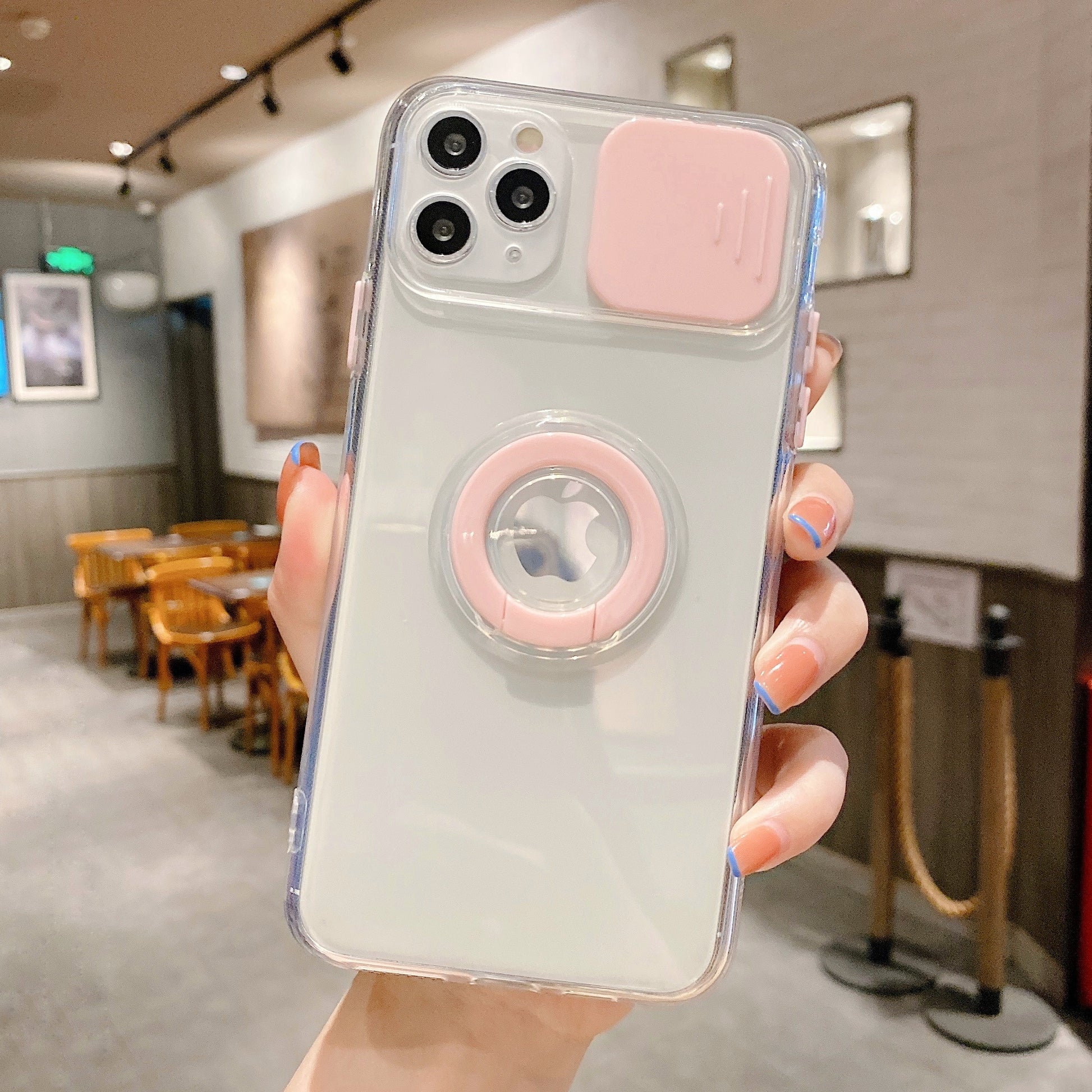 Modische iPhone Hülle mit Kameraabdeckung und Ringhalterung in pink