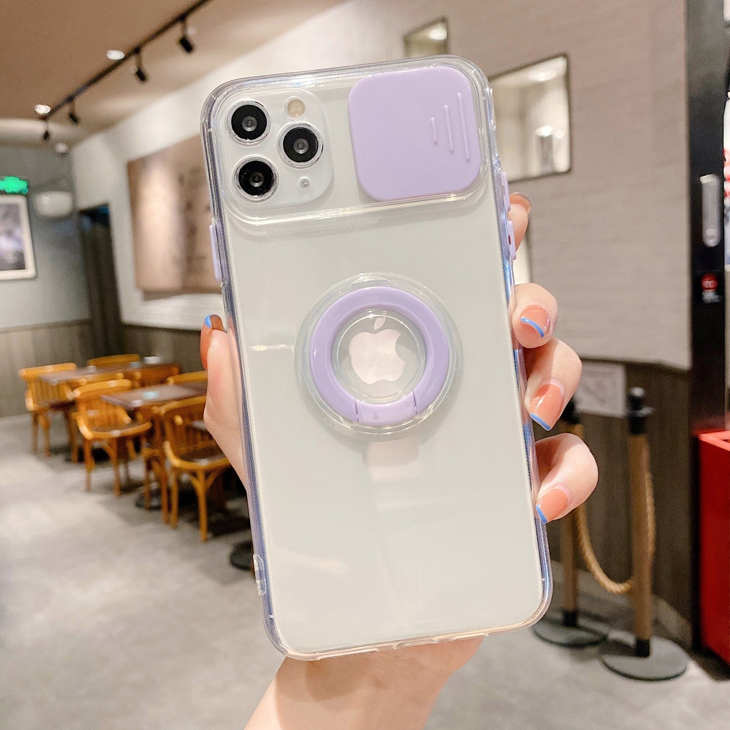 Modische iPhone Hülle mit Kameraabdeckung und Ringhalterung in lila