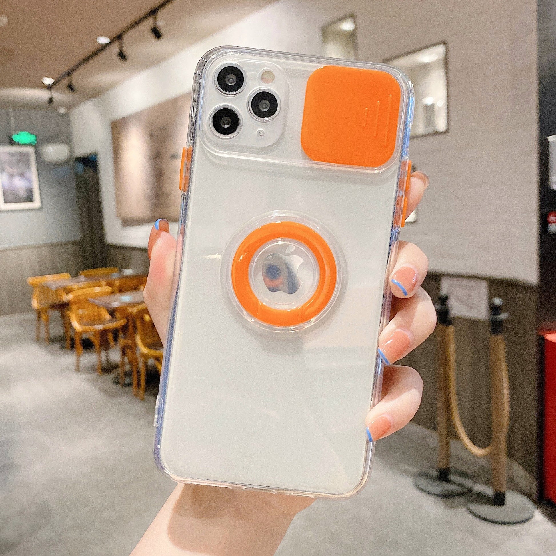 Modische iPhone Hülle mit Kameraabdeckung und Ringhalterung in orange