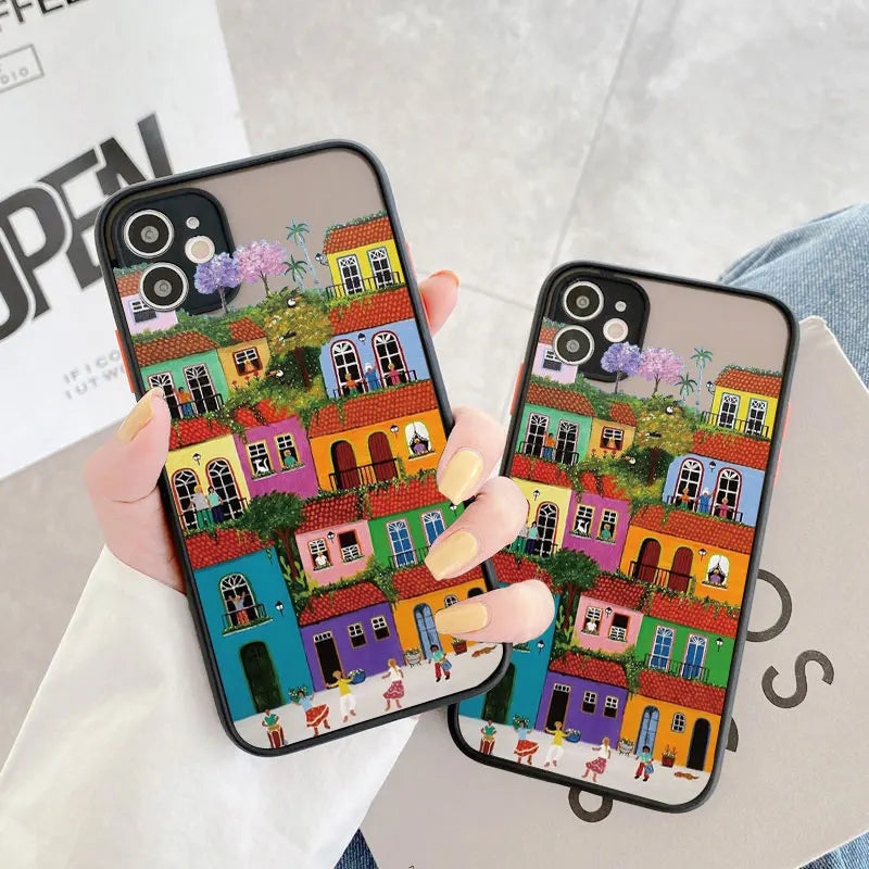 Kunst iPhone Hülle bunte Häuser im Cartoon Style
