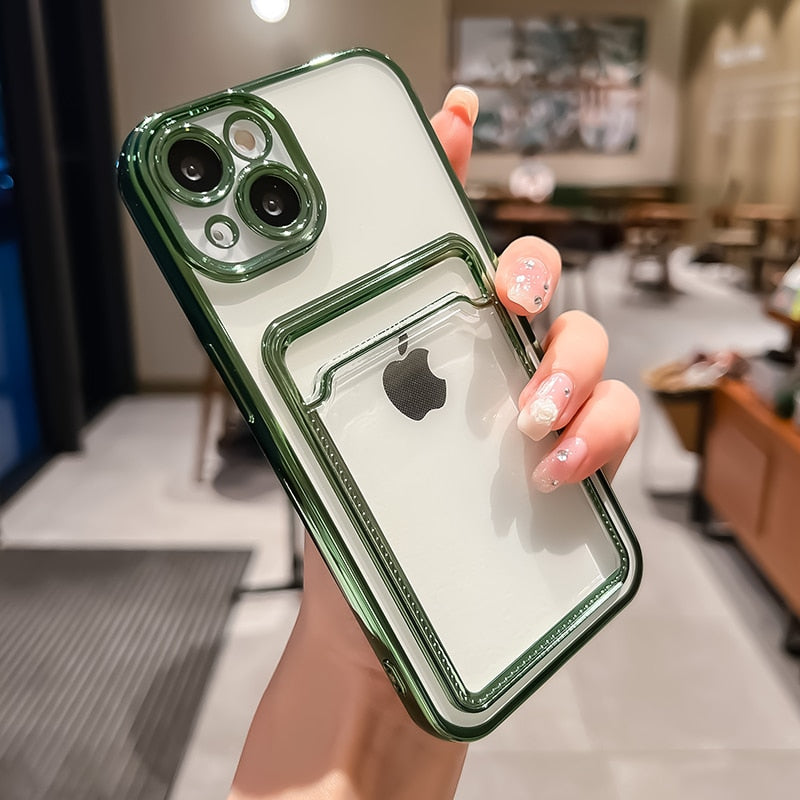 Modische iPhone Hülle Durchsichtig mit Kartenfach in grün