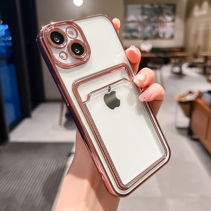 Modische iPhone Hülle Durchsichtig mit Kartenfach in pink