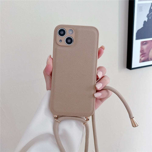 Crossbody iPhone Hülle mit Schnur aus Leder in beige