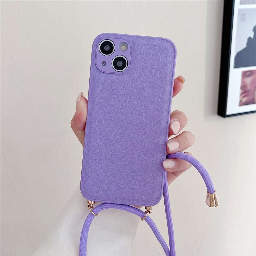 Crossbody iPhone Hülle mit Seil aus Leder in lila