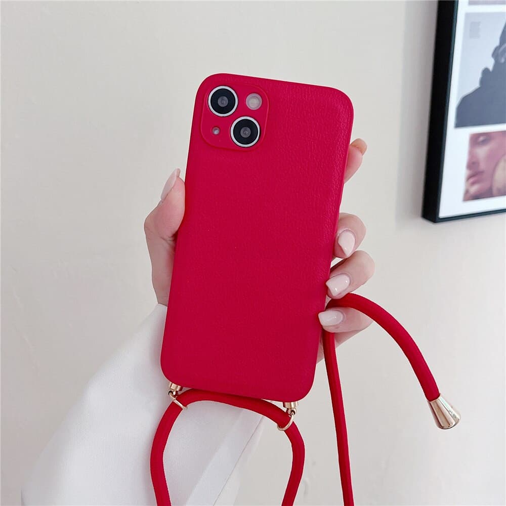 Crossbody iPhone Hülle mit Seil aus Leder in rot