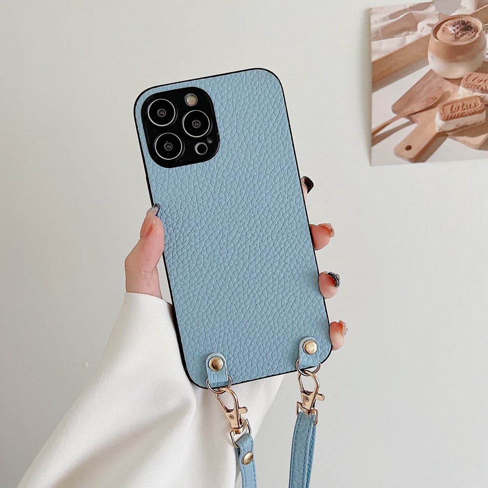 Crossbody iPhone Hülle mit abnehmbaren Band aus Leder in blau