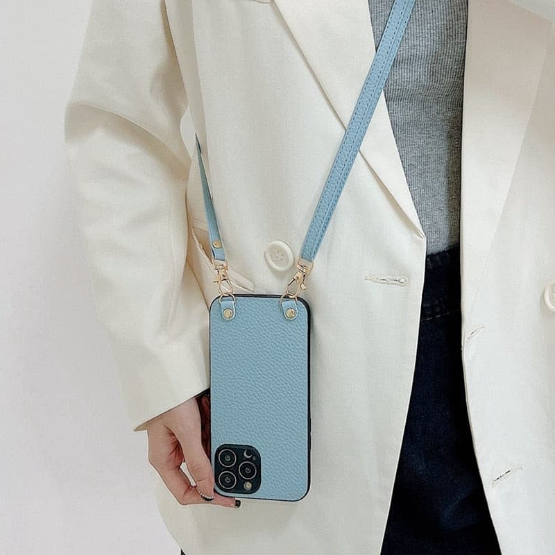 Crossbody iPhone Hülle mit abnehmbaren Band aus Leder in blau